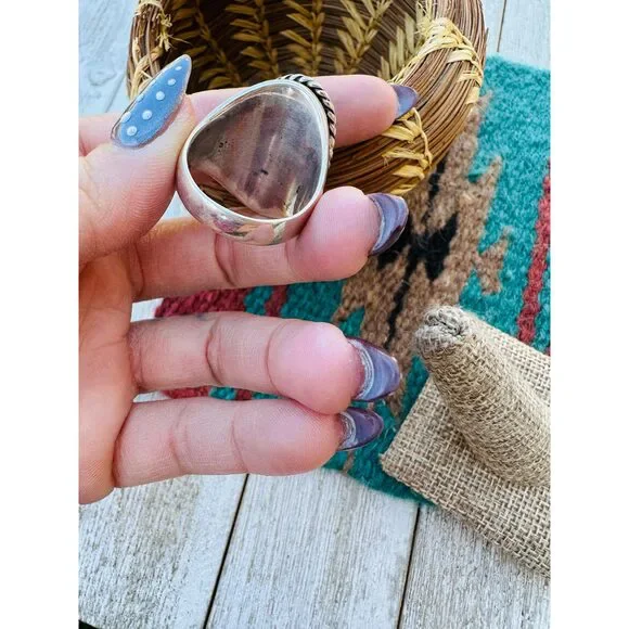 Handcrafted Turquoise & Sterling Silver Cigar Band Ring Size 10.5